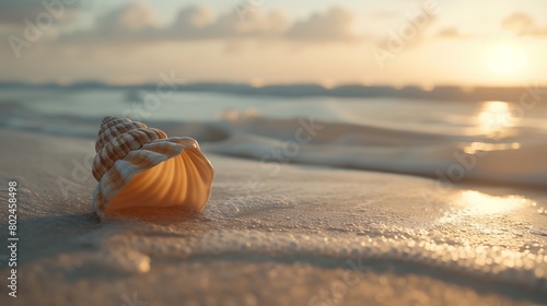 A lone seashell, washed ashore on a sandy beach.