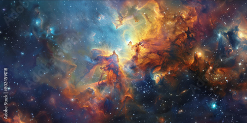 Painting of Cosmic Space Nebula with Vibrant Colors and Celestial Formations