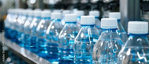 A dynamic view of clear water bottles on a conveyor belt in a modern bottling plant  with the focus on the precision and cleanliness of the production line. Generative ai
