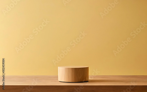 Wooden presentation podium on a yellow background.