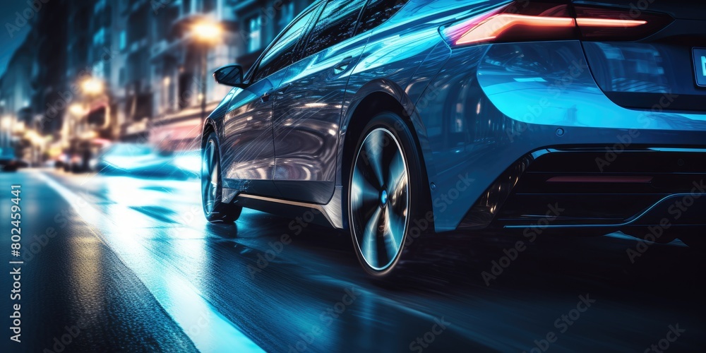 Urban Eco-Mobility: Electric Vehicle Cruising on Road with City Skyline Behind Urban Eco-Mobility: Electric Vehicle Cruising on Road with City Skyline Behind