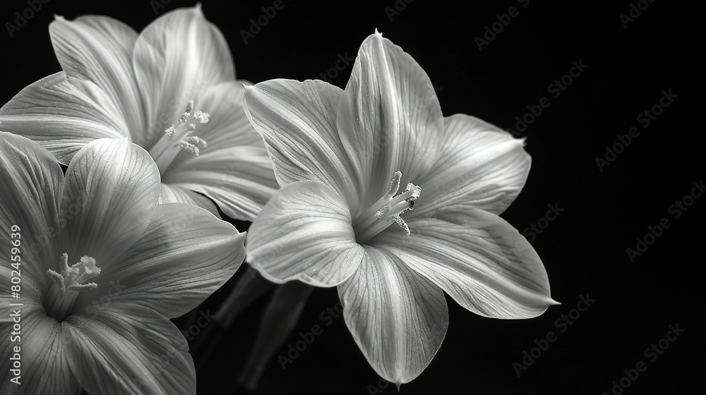 Black and white photo of three flowers in black and white background Black and white photo of three flowers in black and white background