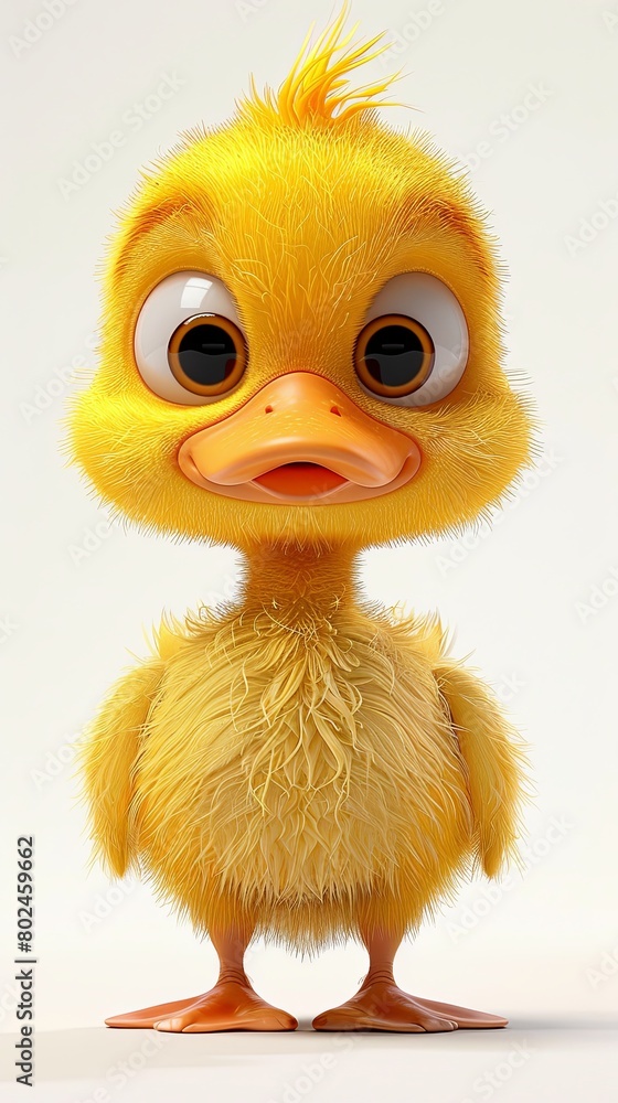 A cartoon duck with a fluffy yellow coat stands on a white background A cartoon duck with a fluffy yellow coat stands on a white background