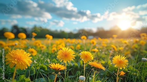 Golden Dandelions Blooming in a Vibrant Meadow at Sunset