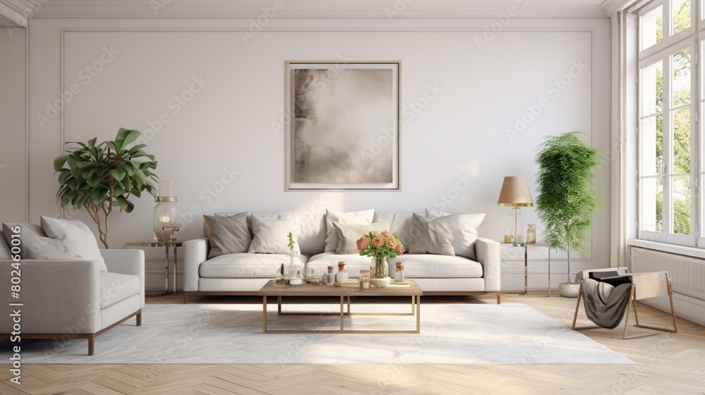 4️⃣ A photo of an elegant Dutch living room with white walls, wooden floor and light grey sofa