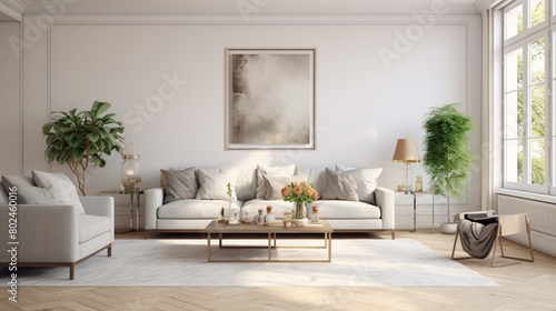 4       A photo of an elegant Dutch living room with white walls  wooden floor and light grey sofa