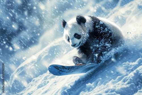 A panda bear is snowboarding down a hill. The bear is wearing a snowboard and he is having fun. Concept of playfulness and joy