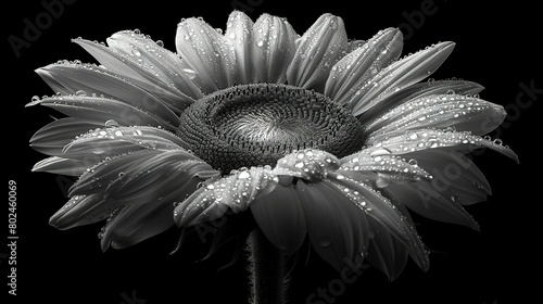   A monochromatic image of a grand sunflower adorned with dewdrops on its petals against a dark background