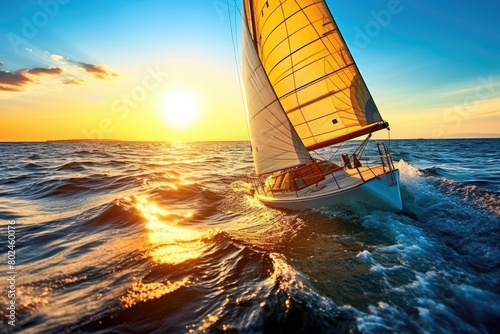 A sailboat is sailing in the ocean with the sun setting in the background