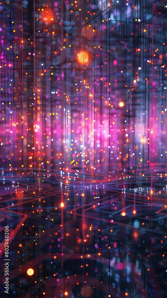 A colorful, abstract image of a room with many lights and a few people A colorful, abstract image of a room with many lights and a few people
