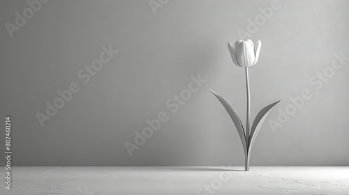   Black & white photo of a white tulip in a vase on a white table with a gray wall as background #802460214