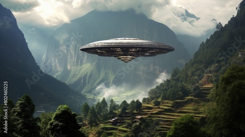 Futuristic UFO Hovering Over Mountainous Landscape