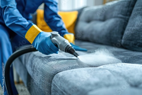 Cleaning modern couch using professional steam cleaner photo