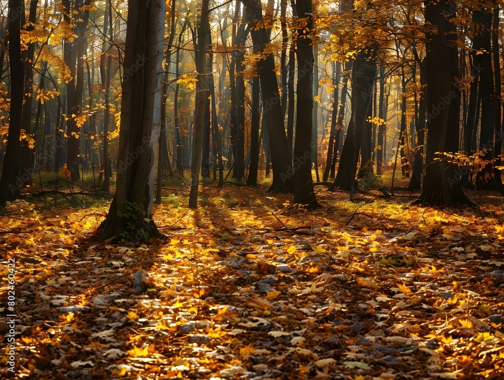 Obraz premium Colorful Autumn Scene Close-Up of Serene Forest with Golden Leaves