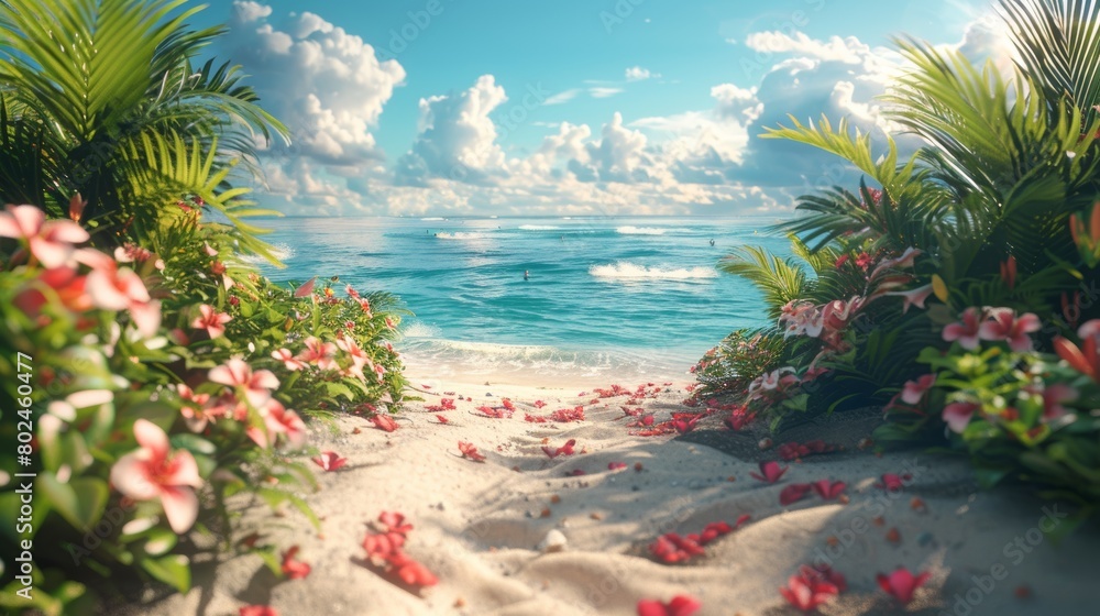 Tropical Beach Paradise with Lush Greenery and Vibrant Flowers Overlooking a Serene Ocean