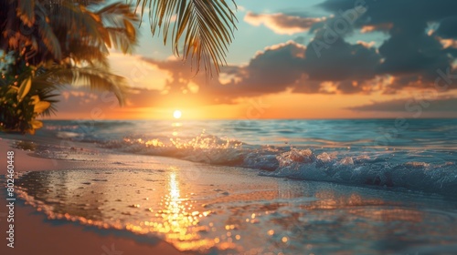 Stunning Sunset on a Tropical Beach with Golden Light and Gentle Waves