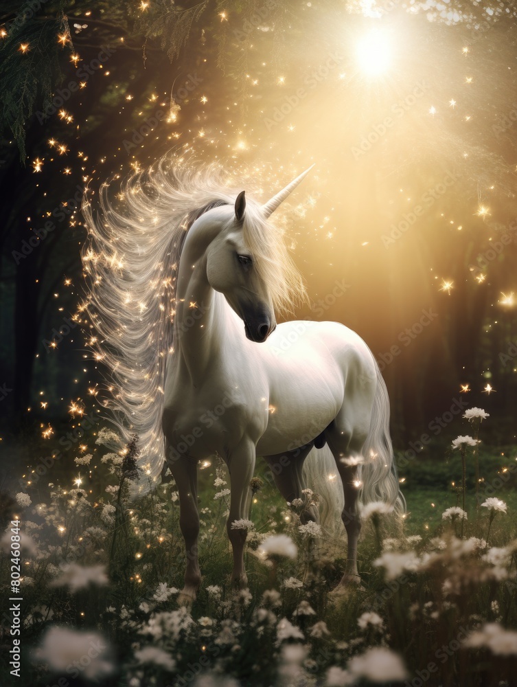 Naklejka premium Magical Unicorn in Enchanted Forest