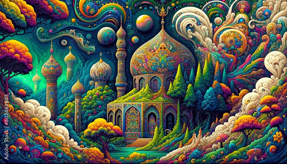 Obraz premium A colorful painting of a city with a large building in the center