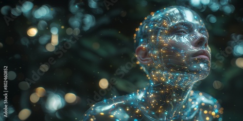 Cyborg face with glowing particles and bokeh. 3D rendering photo