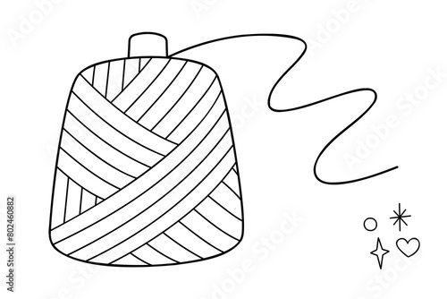 Bobbin of yarn. Doodle outline vector black and white illustration.