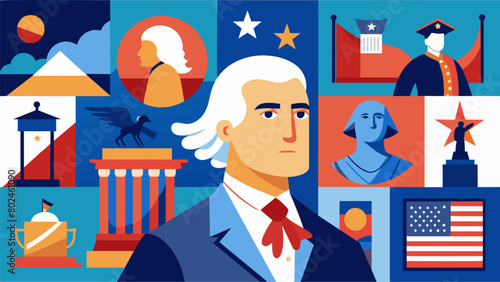 A patriotic exhibit featuring paintings sculptures and other artwork depicting key moments and figures from the Revolutionary War evoking a sense of. Vector illustration