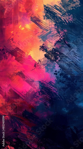 A colorful abstract painting with a blue and red background