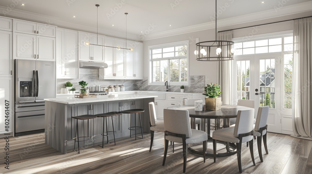 Fototapeta premium a spacious home kitchen featuring an island, dining table, and chairs, adorned with white cabinets, stainless steel appliances, a grey marble countertop, and warm wood flooring.