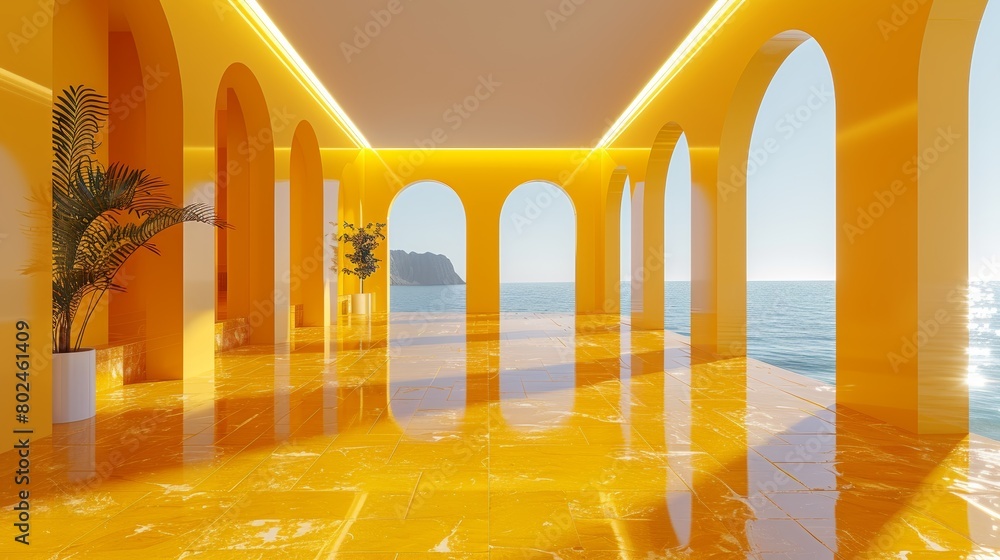 Sunny Yellow 3D Room with Glossy Archways Overlooking a Seaside View