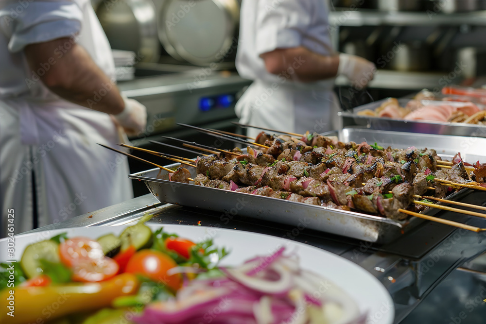 Food, dinner and kebab in restaurant.