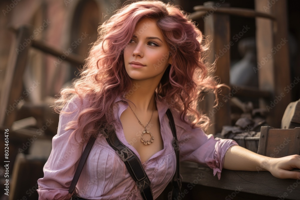 Stylish Woman with Vibrant Pink Curly Hair