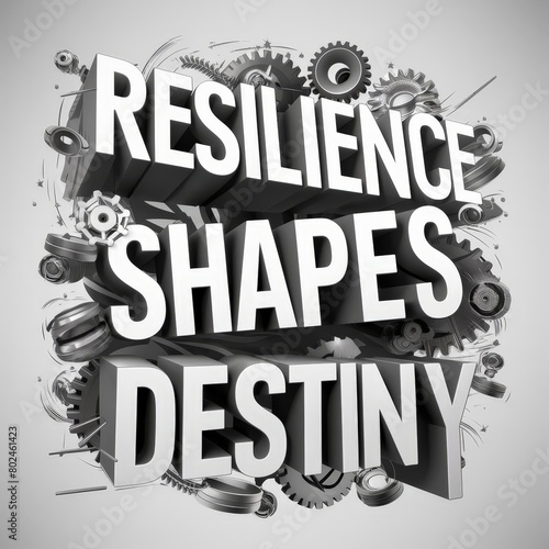 The phrase "Resilience Shapes Destiny" in bold 3D letters is set against a background of gears and mechanical parts, symbolizing strength and determination.