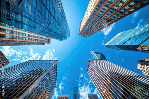 skyscrapers looking from the ground with the background of blue sky