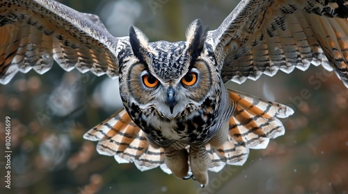 A dynamic photo of an owl in flight, with wings spread wide and eyes focused on its prey photo