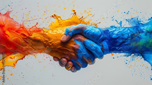 A hand shake between two people with colorful hands. Concept of unity and collaboration