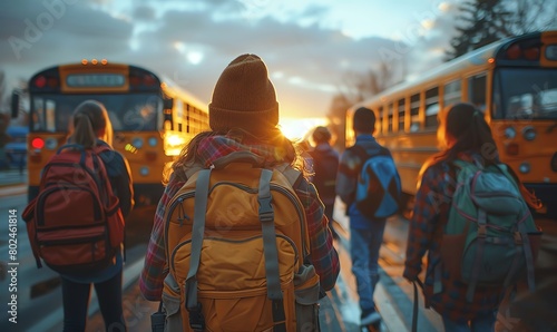 A group of multiethnic students with backpacks waiting to board the school bus at sunrise The photo was shot from behind in the style of Anthropic photo