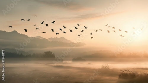 A flock of birds flying over the misty landscape at sunrise  with distant mountains