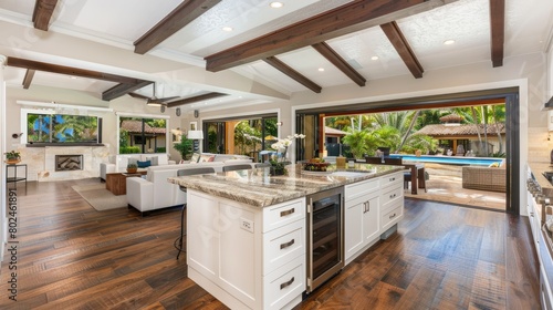 a spacious home kitchen featuring an island, dining table, and chairs, adorned with white cabinets, stainless steel appliances, a grey marble countertop, and warm wood flooring.
