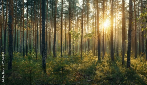 Beautiful forest landscape with tall trees and sunlight shining through the branches © MdImam