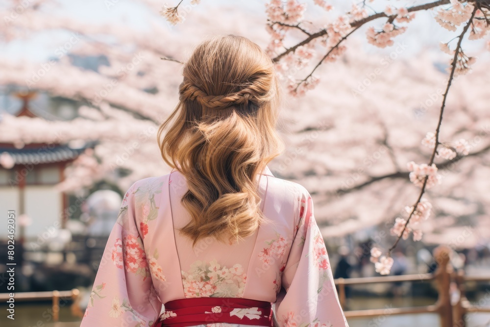 Woman in Floral Kimono Admiring Cherry Blossoms Woman in Floral Kimono Admiring Cherry Blossoms
