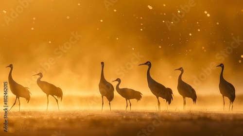 A group of cranes in the early morning on flat ground  with dust flying and a golden light background