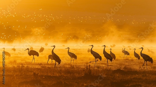 A group of cranes in the early morning on flat ground, with dust flying and a golden light background © Matthew