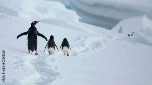 A group of penguins  leaving footprints in the snow on an ice shelf  birds walking across thick white snowcovered ground