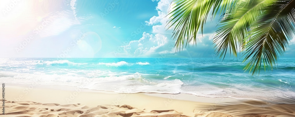 Sunny summer background with sandy beach and palm tree, water, rock