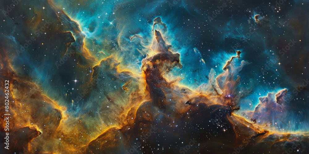 Obraz premium Vivid Cosmic Space Nebula Painting with Swirling Gases and Star Formations in Blue, Orange, and Yellow