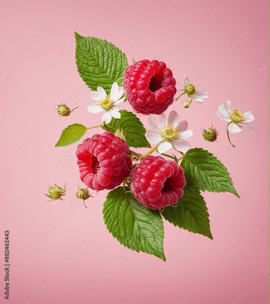 Raspberries and flowers arranged on a pink surface, creating a colorful and vibrant scene Raspberries and flowers arranged on a pink surface, creating a colorful and vibrant scene