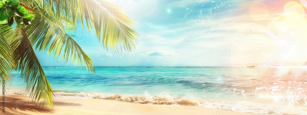 Sunny summer background with sandy beach and palm tree, water, rock