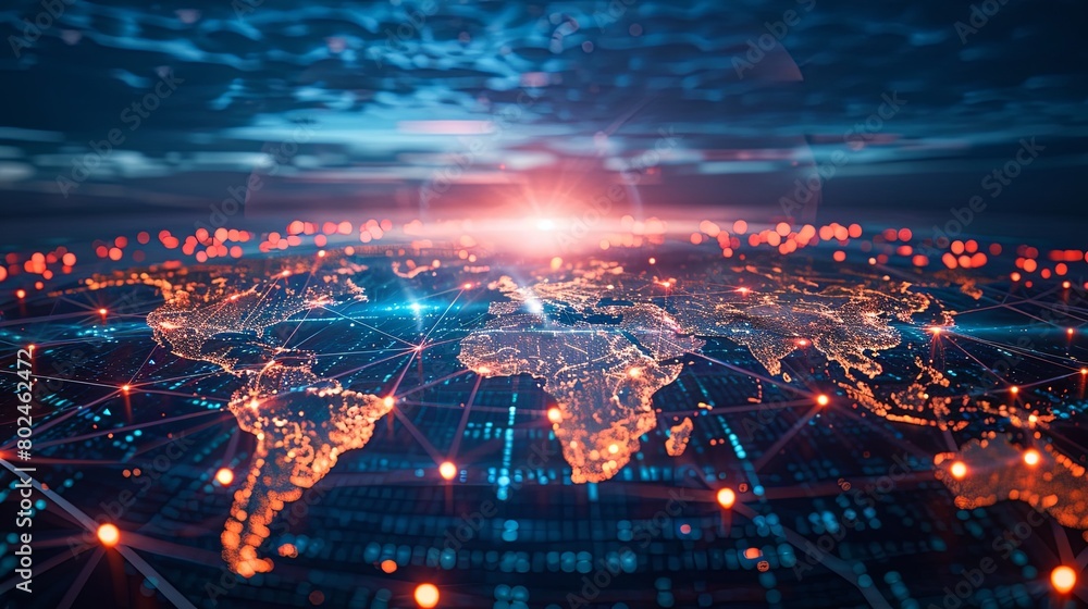 A computer generated image of the world with a bright orange sun in the center