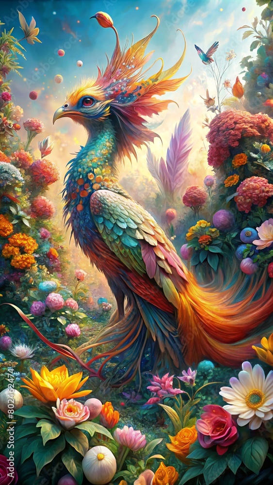 Magical bird phoenix of bright colour among spring garden flowers, good luck talisman, fantastic beast, background image, mobile phone wallpaper, background for cellphones, mobile phone, iOS, Android
