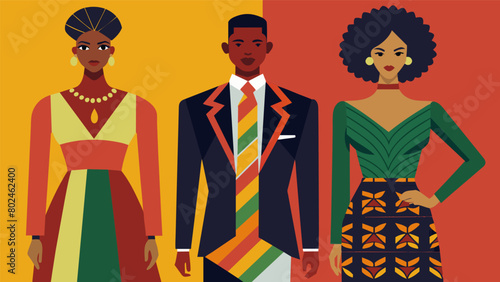 A fusion of western and African fashion with tailored suits and dresses featuring intricate traditional embroidery representing the blending of. Vector illustration