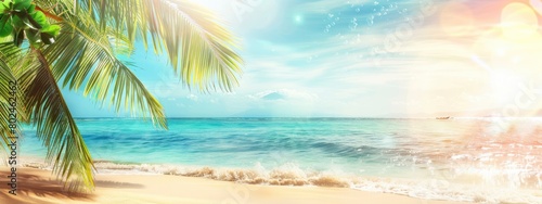 Sunny summer background with sandy beach and palm tree  water  rock